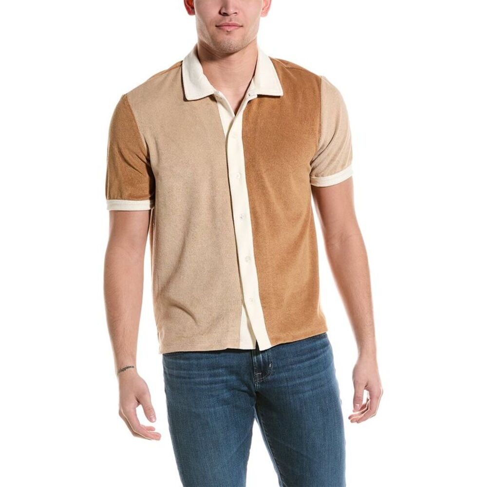Truth Men's Terry Cloth Cabana Button Down Shirt - Tan and Brown